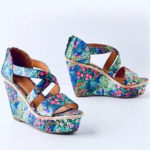 ANTHROPOLOGIE, MISS ALBRIGHT, Unique Colorful Floral Platform Sandals, Size 8